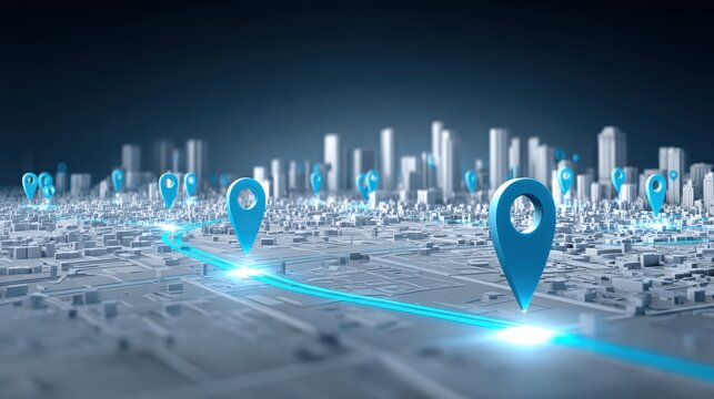futuristic digital cityscape with interconnected navigation pins and glowing pathways in a high-tech environment - Powered by Adobe