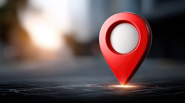 Close-up of a red location pin map marker on a dark blurred background representing navigation or destination finding concept
