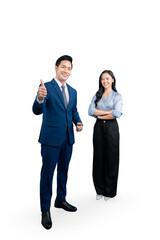 Two professionals standing together, one giving a thumbs-up while the other has arms crossed on PNG background