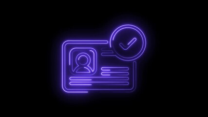 Glowing neon purple identity card icon with checkmark confirmation symbol isolated on black