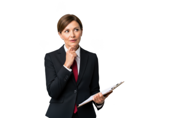 Thoughtful businesswoman holding clipboard pondering strategy, professional woman thinking isolated on transparent background