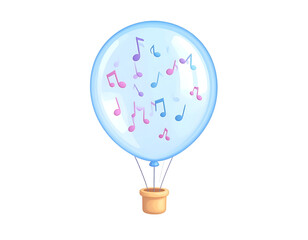 Whimsical 3D Illustration of a Transparent Hot Air Balloon Filled with Colorful Musical Notes