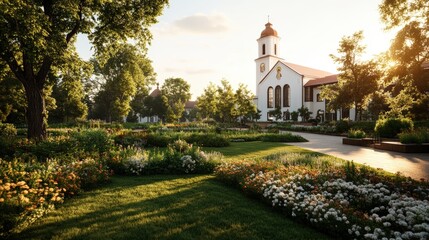 Naklejka premium Serene countryside church surrounded by lush greenery and vibrant flower gardens in golden light