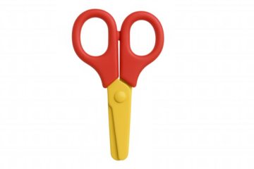 Sharp 3d scissors in vibrant red and yellow, floating against transparent backdrop, highlighting precision cutting tools for creative work