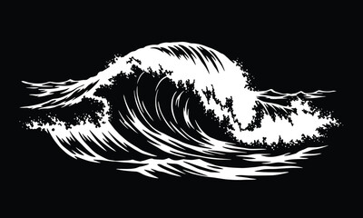 Black and white illustration of a crashing ocean wave water surf