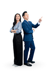 Two colleagues are posing in formal attire and looking into the future on PNG background