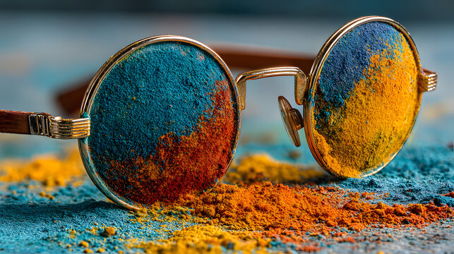 Holi color powder on sunglasses. Organic Gulal colous on eyeglasses for Holi fstival, Hindu tradition fetive