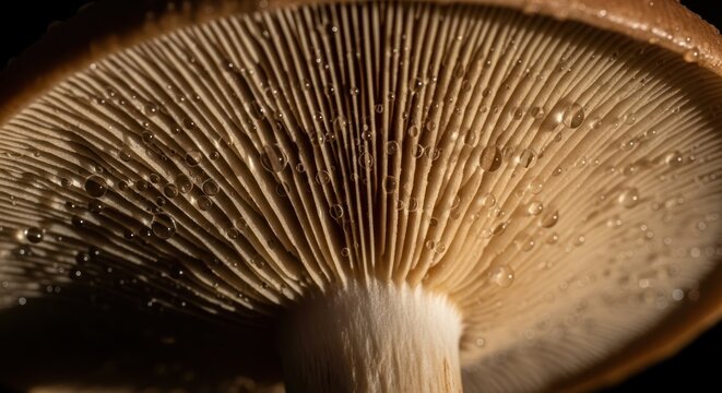 Macro Tan Mushroom with Water Droplets on Gills in Dark Setting
