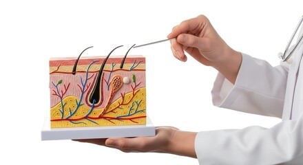 Doctor holding a skin model, using a pointer to indicate the different layers and structures of the skin.