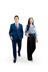 Two confident business people walking forward on a light background, looking positive. They are wearing formal clothing.