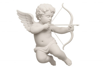 Marble cupid statue drawing bow, symbolizing romantic love with graceful pose against translucent backdrop