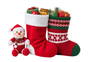 Christmas stockings filled with gifts and a snowman isolated on transparent background