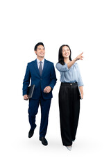 Two professionals, a man and a woman, walking and pointing, symbolizing guidance and direction in business setting. The individuals in the photo are dressed in professional attire. PNG background