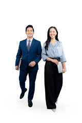 Two confident business professionals, walking in a collaborative manner while holding laptops, on PNG background