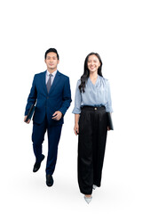 Two professionals confidently walking towards the camera, dressed in business attire, on a plain background. A man carrying a briefcase and a woman. PNG background