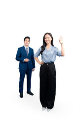 Two professional colleagues in a business setting, smartly dressed and exuding confidence and optimism, on PNG background