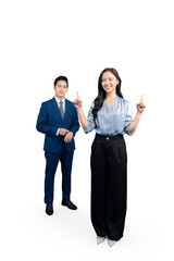 Two business professionals posing together on PNG background. The woman is pointing upwards while the man is looking forward.