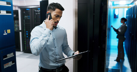 Server room, clipboard or businessman with phone call for update, hardware maintenance or glitch....