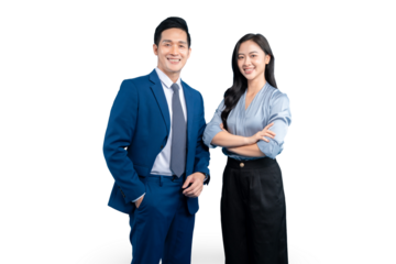 Two corporate professional colleagues standing with smiles, posing while on PNG background
