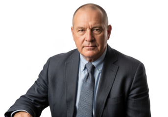 Stock photo of a professional senior man in suit, headshot portrait, business executive, corporate leader, isolated on transparent background