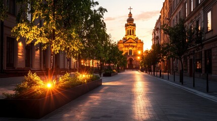 Fototapeta premium Beautiful city street du sunset with historic church tower, lush trees, and peaceful ambiance