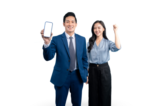 A business duo proudly showcasing a mobile phone with a blank screen, both with positive expressions. PNG background