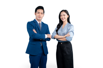 Two business professionals looking confident and professional, they have arms crossed in business suit. PNG background
