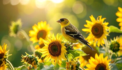 A yellow bird perches on sunflowers in a sunlit field