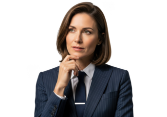 Professional businesswoman thinking pensive strategy corporate leadership success isolated portrait png image isolated on transparent background