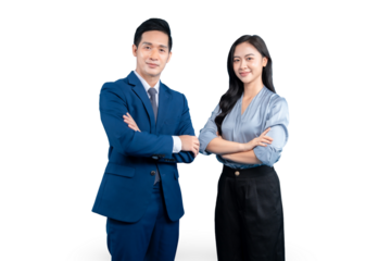 Two confident professionals standing with crossed arms and smiling on PNG background