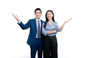 Smiling business professionals posing and gesturing towards the side, expressing welcome and invitation on PNG background.