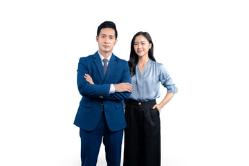 Two confident colleagues posing elegantly in professional attire. This dynamic portrait captures their poised demeanor on a seamless PNG background