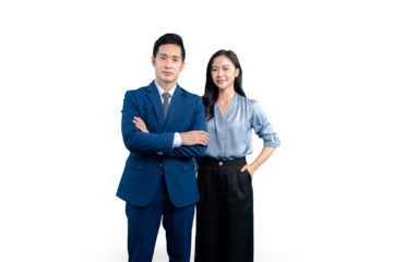 Two confident colleagues posing elegantly in professional attire. This dynamic portrait captures their poised demeanor on a seamless PNG background
