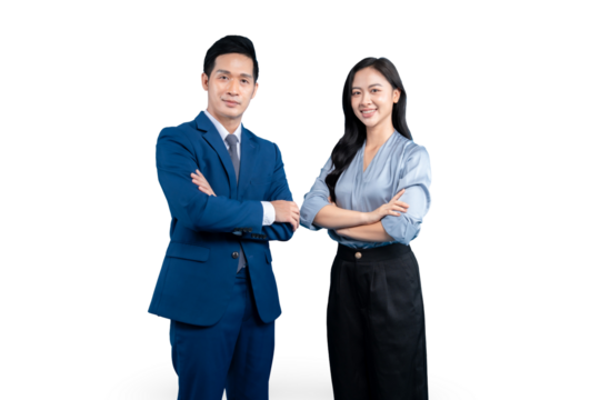 Two business professionals looking confident and professional, they have arms crossed in business suit. PNG background - Powered by Adobe