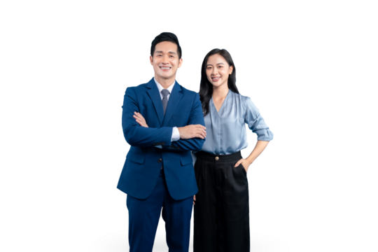 Two professional people posing with confidence and smiling on a white background. They exude an air of professionalism and charisma 