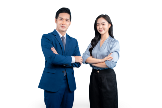 Two confident professionals standing with crossed arms and smiling on PNG background