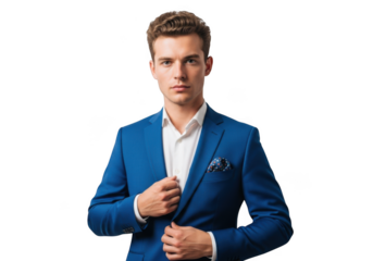 Handsome young businessman in blue suit posing confidently portrait studio shot professional isolated on transparent background