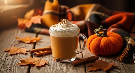 Fototapeta premium Autumn Pumpkin Spice Latte Cozy Fall Drink.