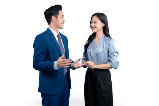 Two business partners smiling and talking in an office setting on PNG background