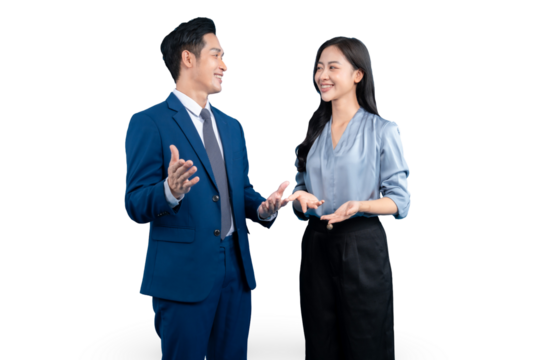 Two professionals are engaged in a lively discussion, possibly collaborating on a project, on PNG background