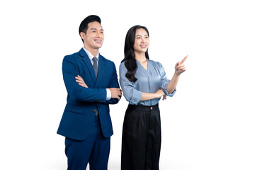 Two  Asian professionals, a man and a woman, looking toward the same direction while both are smiling and posing on PNG background