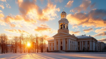 Magnificent historic courthouse building with clock tower illuminated by sunrise in winter season