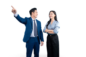 Two Asian  professionals standing together, a man pointing and woman looking. They are in front of PNG background.