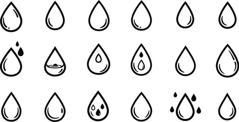 Collection of Black Outline Water Droplet Icons liquid fluid