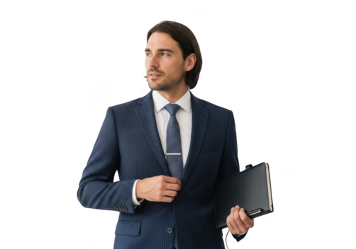 Professional businessman holding laptop looking away in blue suit portrait stock photo image, business concept, full suit, isolated on transparent background - Powered by Adobe
