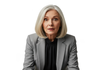 Shocked senior businesswoman with gray hair and blazer looking surprised and amazed portrait isolated on transparent background