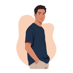 Fototapeta premium Young man standing with hands in pockets wearing navy t-shirt and beige pants casual style vector illustration 