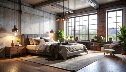 Industrial bedroom with exposed brick, concrete walls, and natural light from large windows