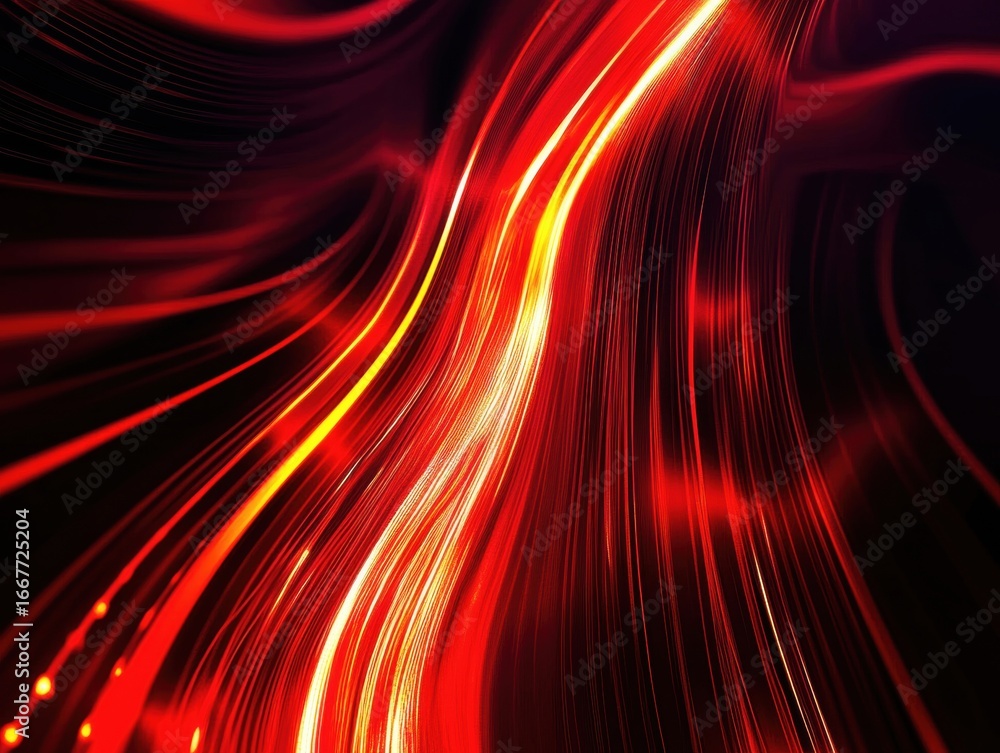 Poster bright red light streaks flow smoothly across a dark background, creating a captivating abstract eff