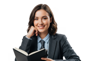 Smiling businesswoman holding book stock photo, professional female portrait, isolated cutout image, png for design, transparent background isolated on transparent background